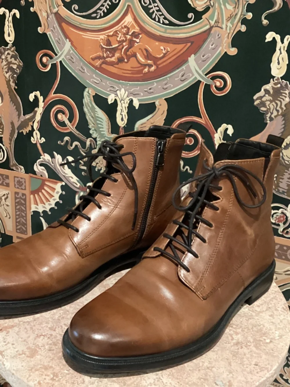 GEOX MEN’S LEATHER LACE-UP BOOT/ZIP SIDE ENTRY - BROWN - SIZE 42EU